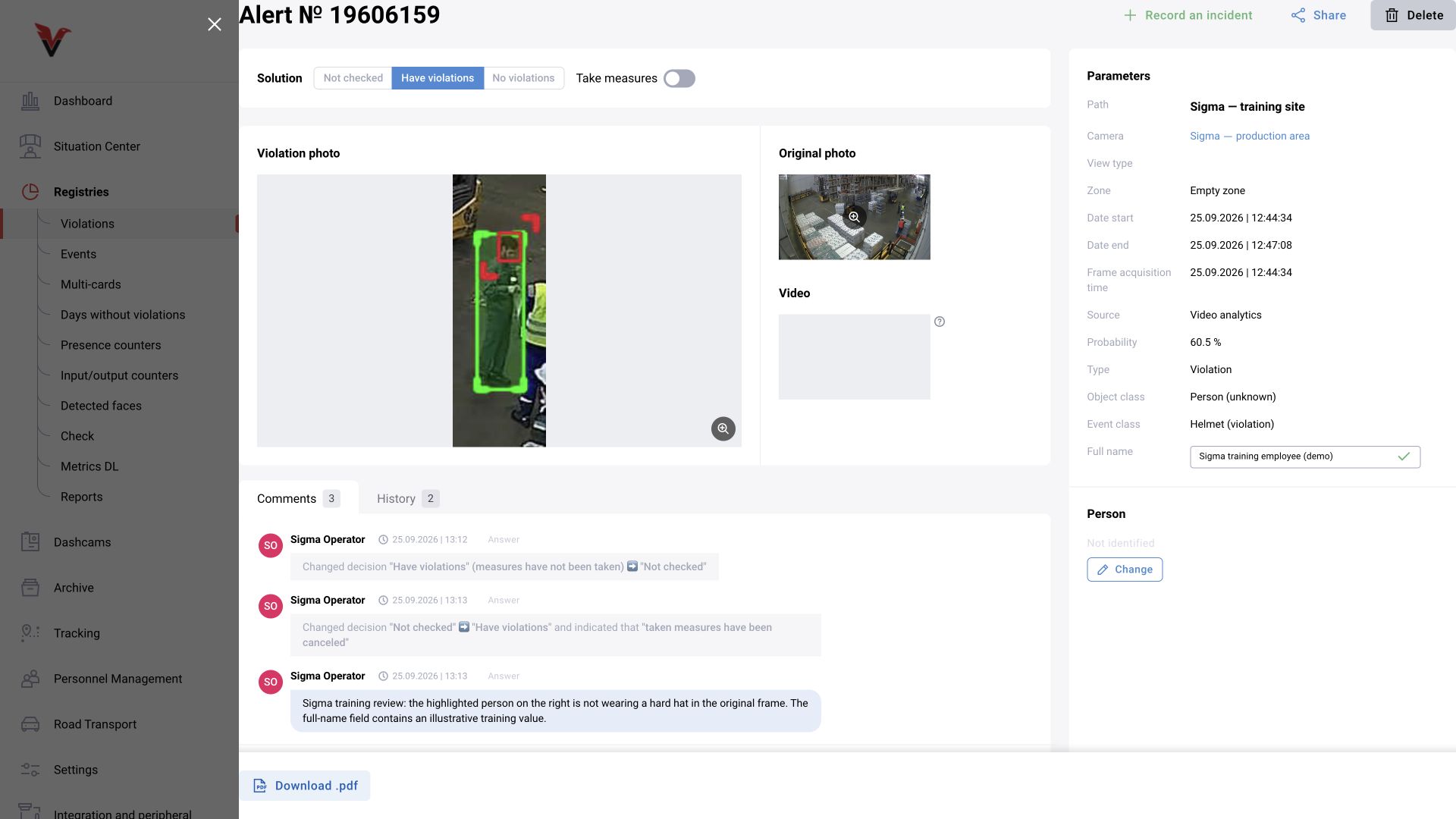 Shared module, BOX 3.2 illustration. Sigma violation card: image, decision, and comments.