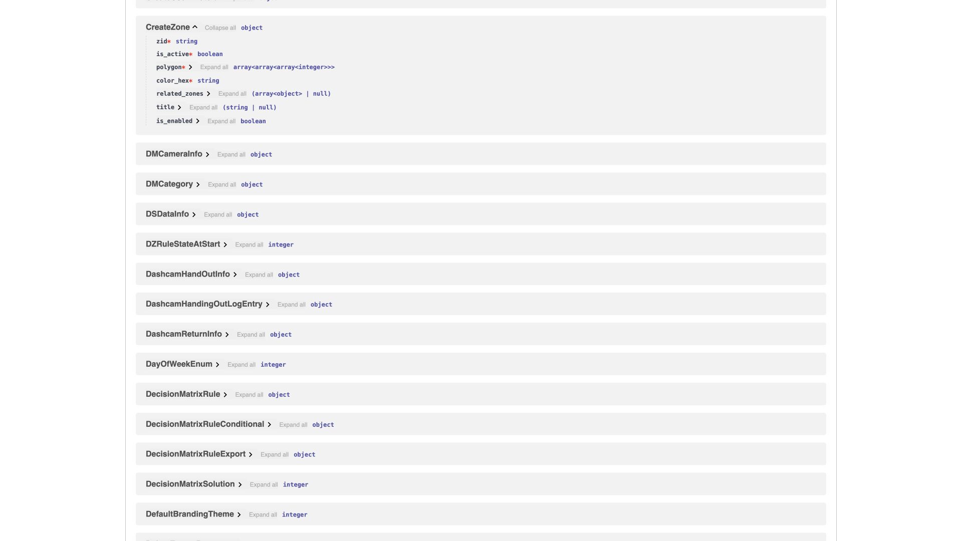 BOX 3.2 interface. CreateZone schema: structure and API field types.