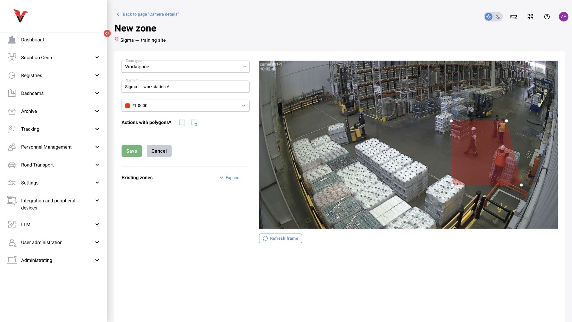 BOX 3.2 interface. Sigma: Workplace type and a training polygon on a workshop frame. The annotation is shown before saving.