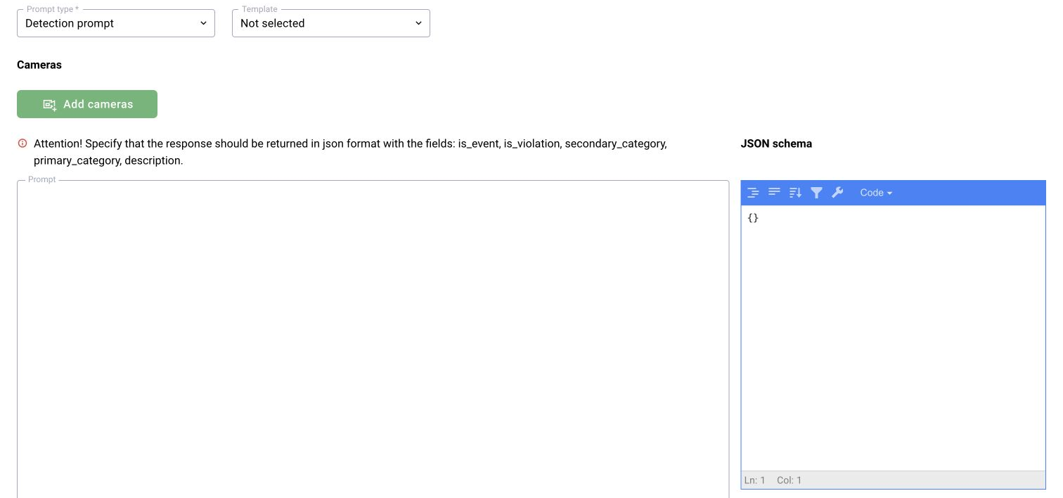 LLM Detection prompt, illustrated in BOX 3.2: choose a template and cameras, then define the prompt and JSON response schema