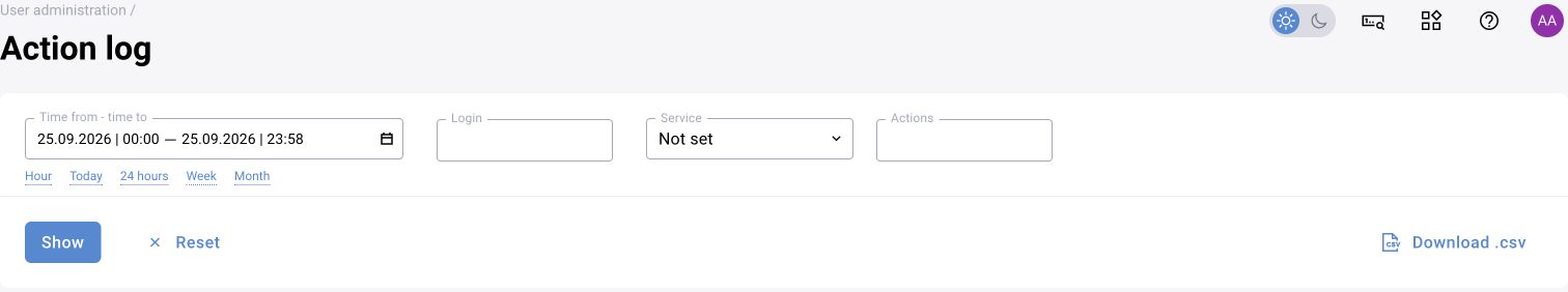 Shared action log, illustrated in BOX 5.0: filter by period, login, service and action, then display the records or download CSV.