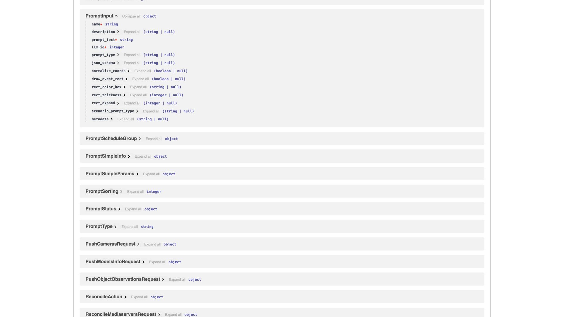 BOX 3.2 interface. PromptInput schema: structure and API field types.