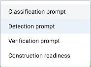 LLM prompt-type selector: Classification prompt, Detection prompt, Verification prompt and Construction readiness