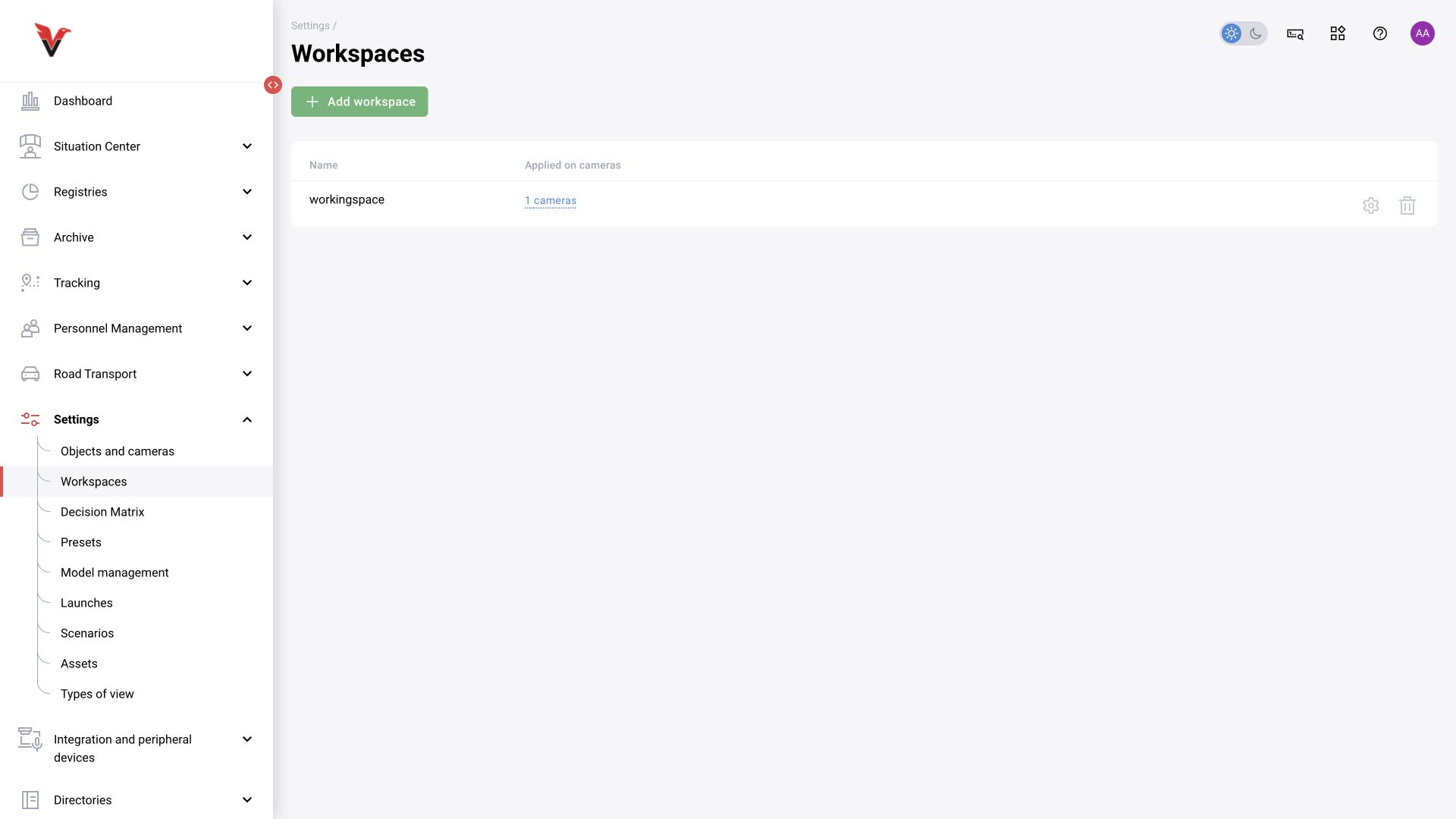 Settings → Workspaces: BOX 5.0 interface.