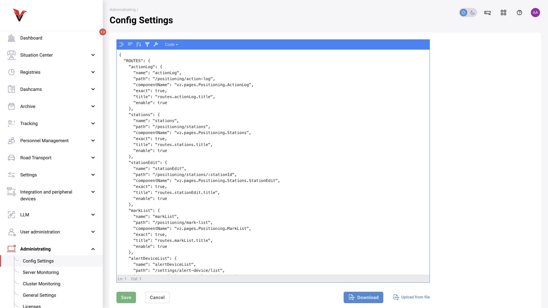 Shared module, BOX 3.2 illustration. Configuration settings: JSON editor showing the interface route structure.
