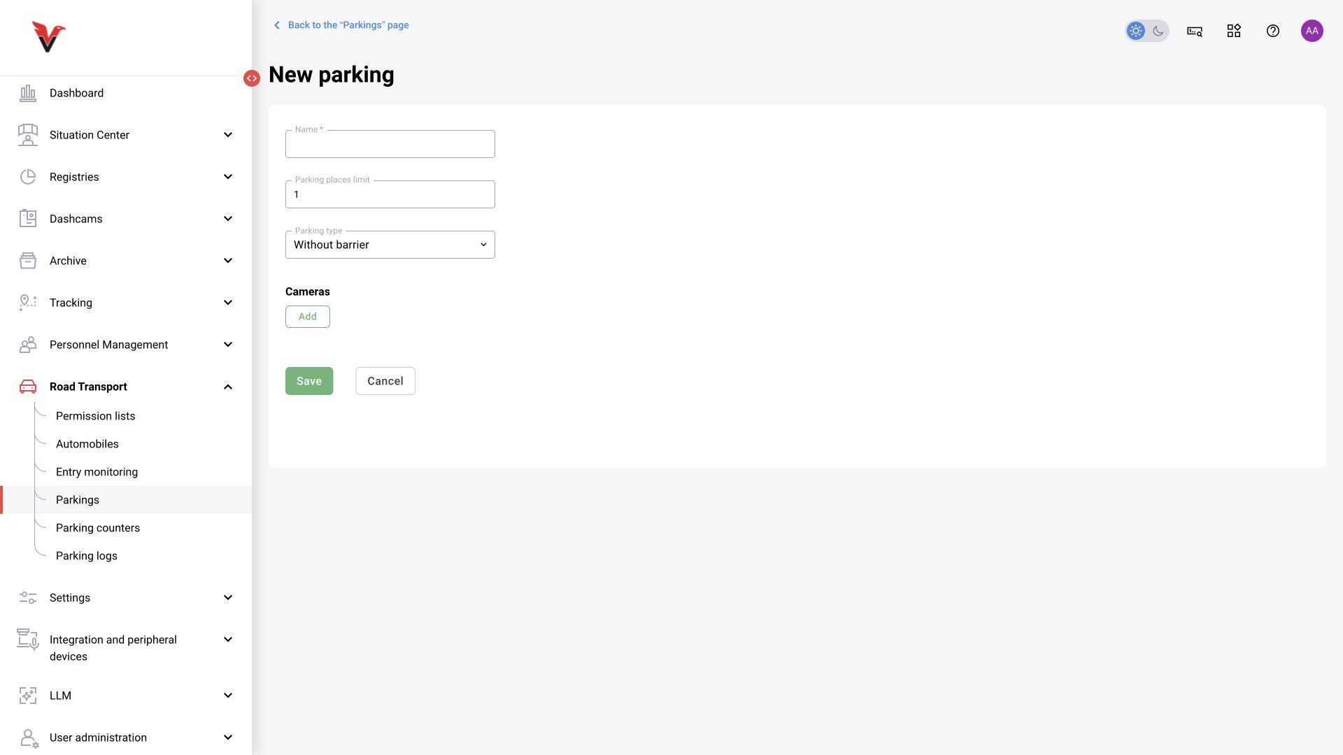 Shared module, BOX 3.2 illustration. New parking lot: name, capacity and the “Without barrier” option. Equipment fields depend on the selected type.