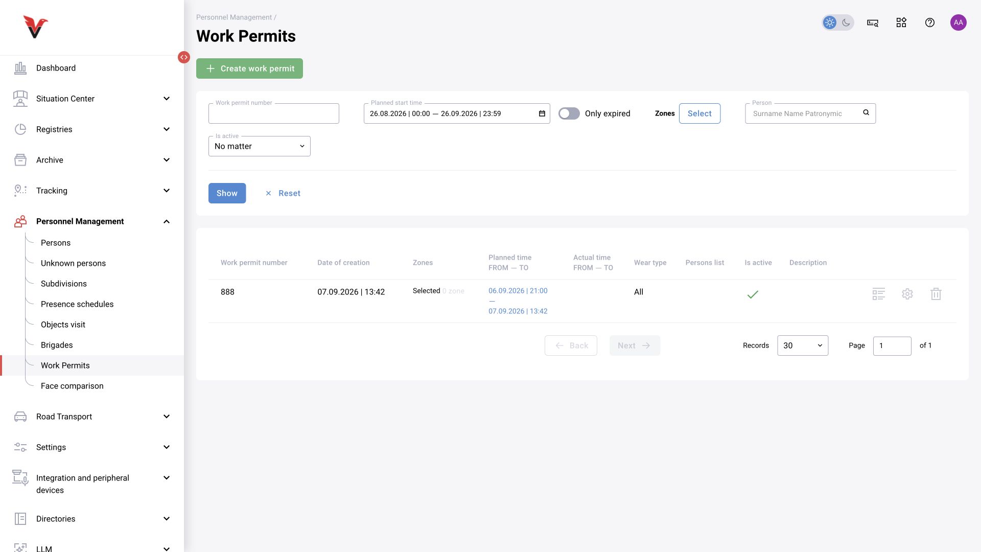 Personnel management → Work permits: BOX 5.0 interface.