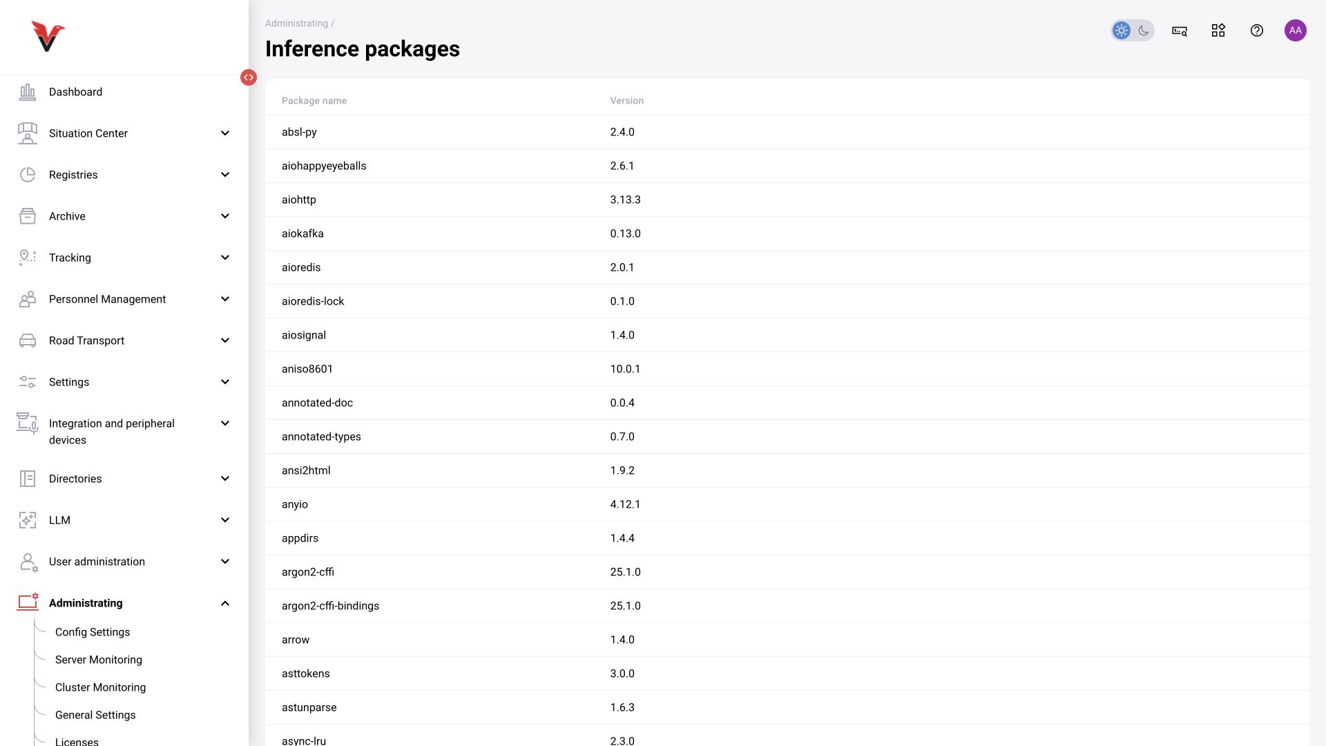 Administration → Inference packages: BOX 5.0 interface.