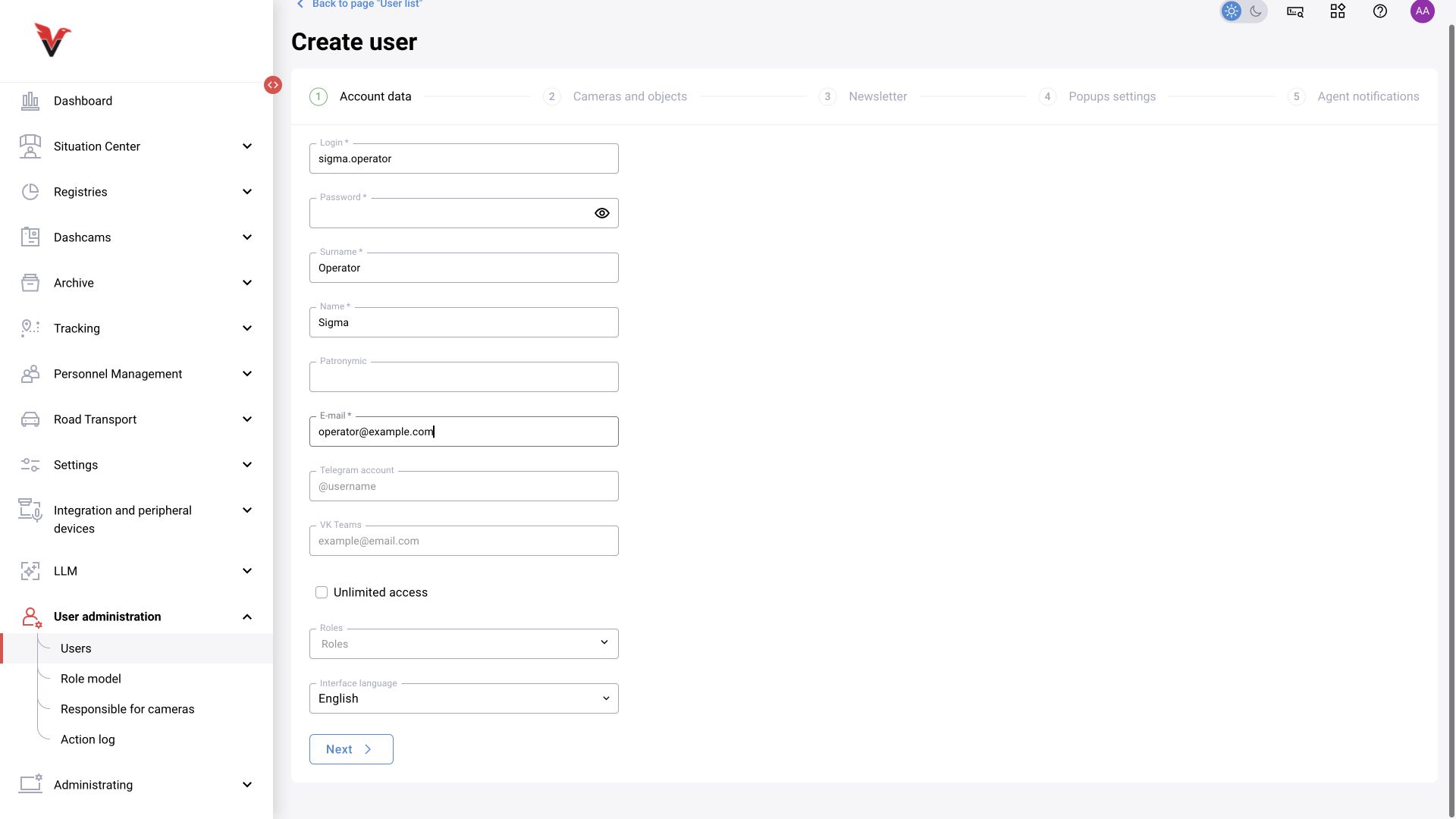 Shared module, BOX 3.2 illustration. New user: first step of the account wizard.