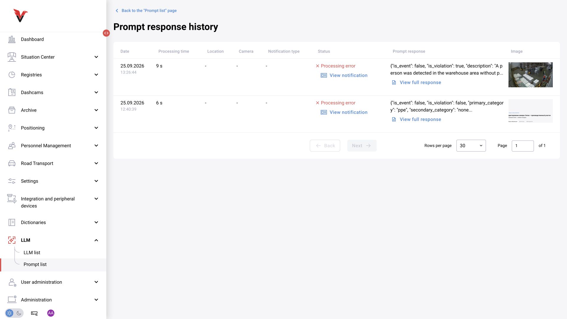 The model returned a response for the frame in 9 seconds, but the history shows a processing error. This status alone does not prove that the LLM is unavailable.