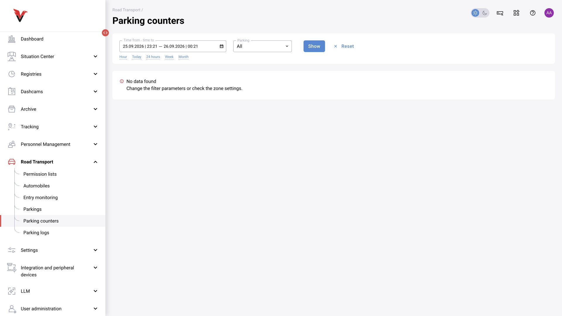 Shared module, BOX 3.2 illustration. Vehicles → Parking counters: section overview. The screenshot shows an empty result for the current parameters.