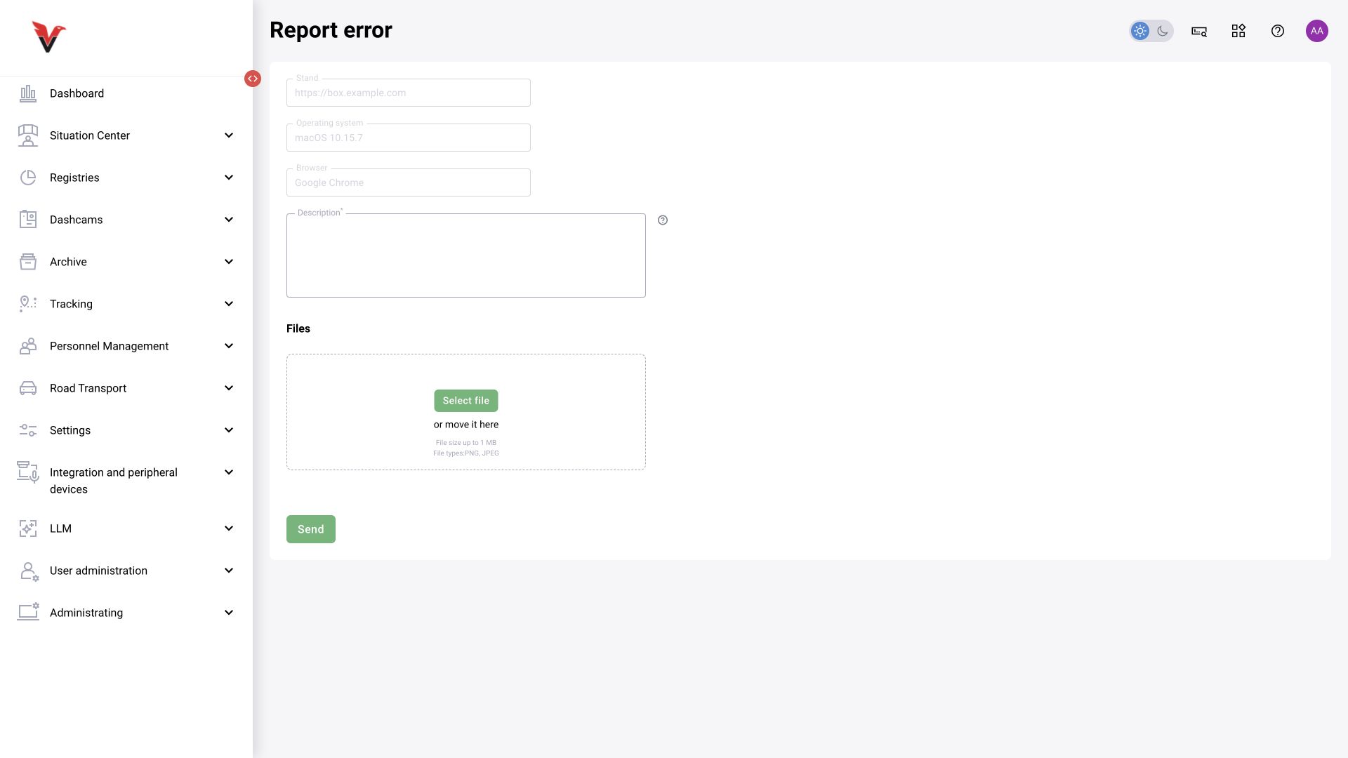Report an error: description and image attachments.