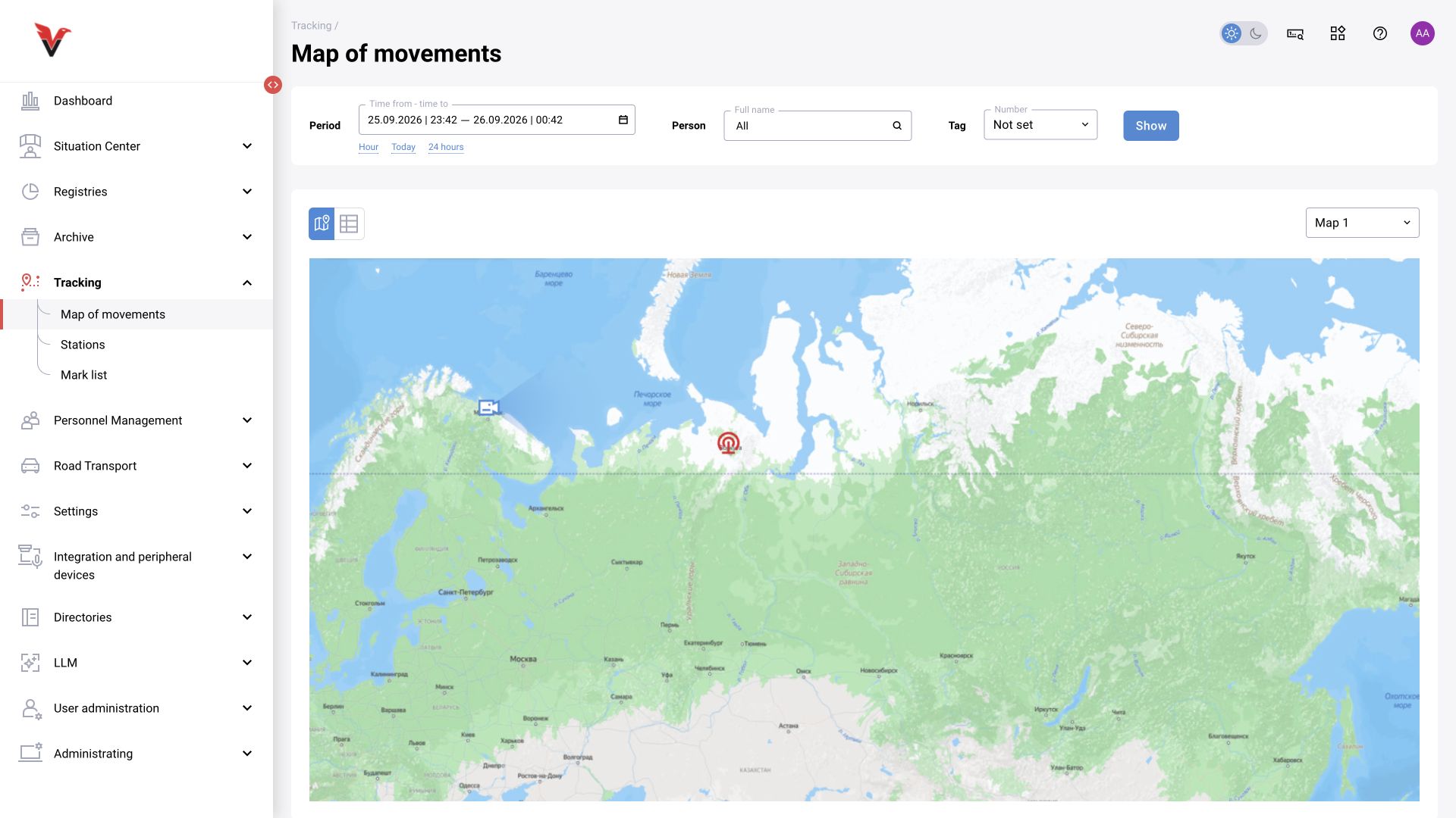 Map of movements: period, person and tag filters with station/camera markers. Geographic names are shown as supplied by the original map; the map content is unchanged.