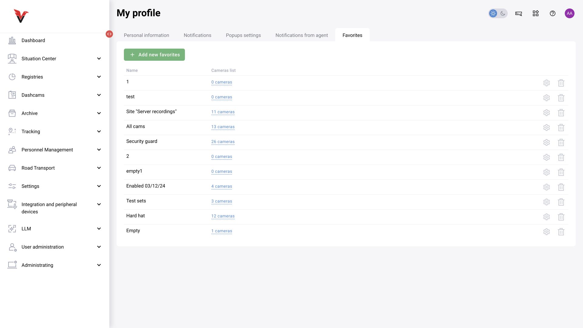 Favorites: saved camera selections and access to their settings.