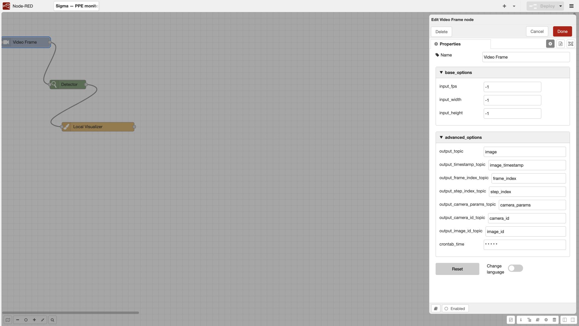 Video Frame parameters: rate, size, and topics.