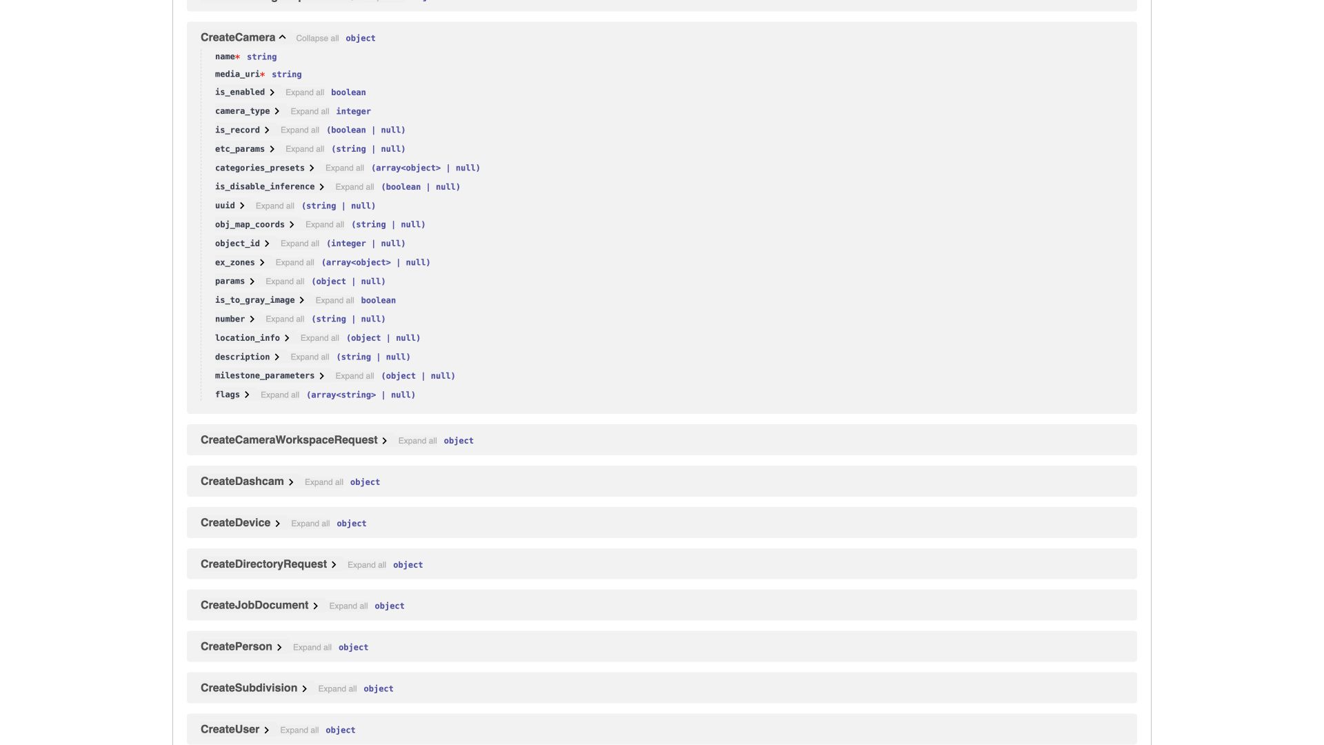 BOX 3.2 interface. CreateCamera schema: camera types and required parameters in the API.