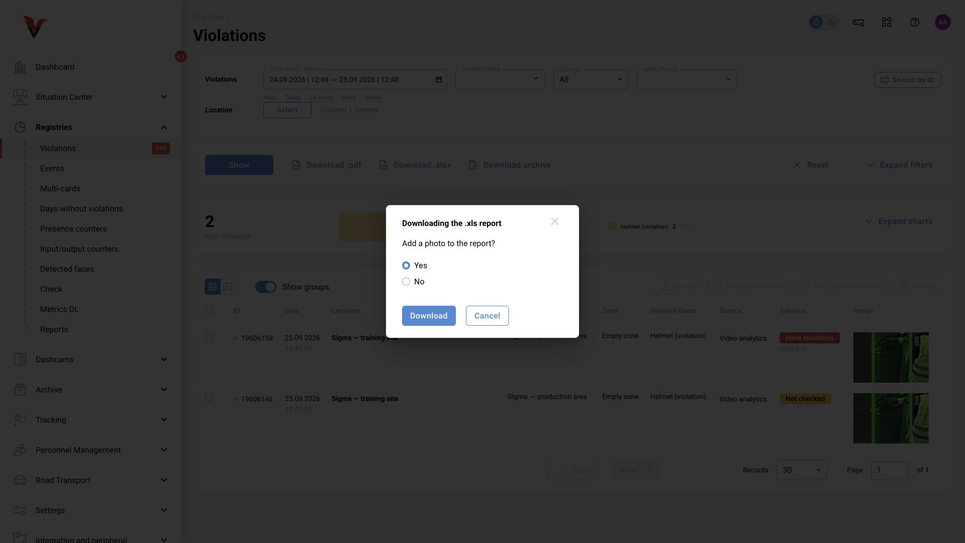 Choosing whether to include photos when requesting an XLSX report.