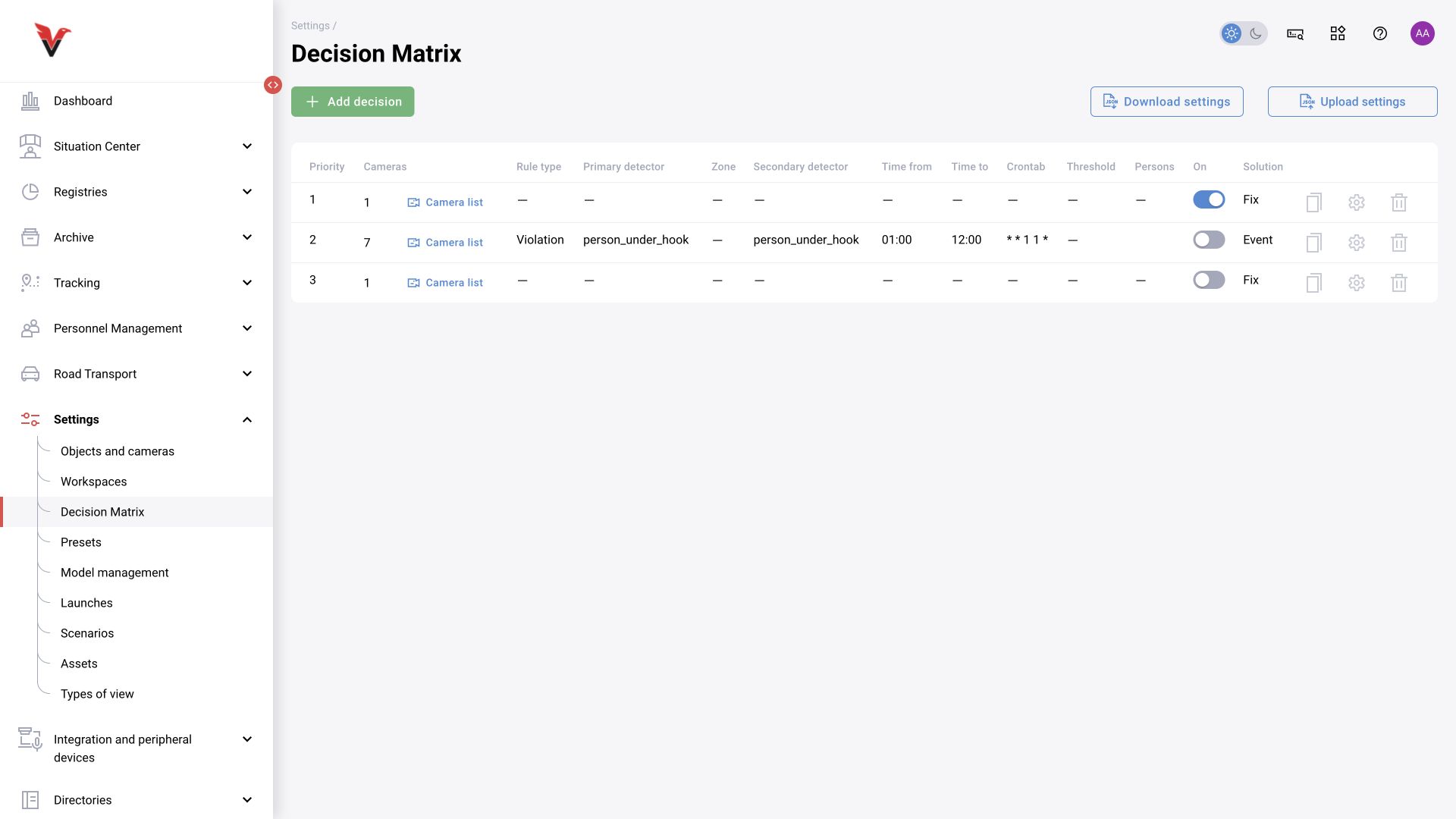 Settings → Decision matrix: BOX 5.0 interface.
