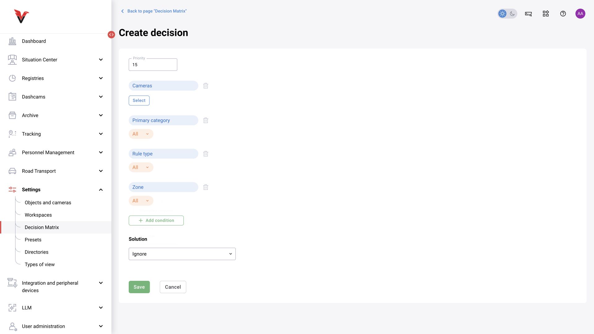 Shared module, BOX 3.2 illustration. Decision matrix: conditions for camera, primary category, rule type, and zone. Field overview in an unsaved draft.