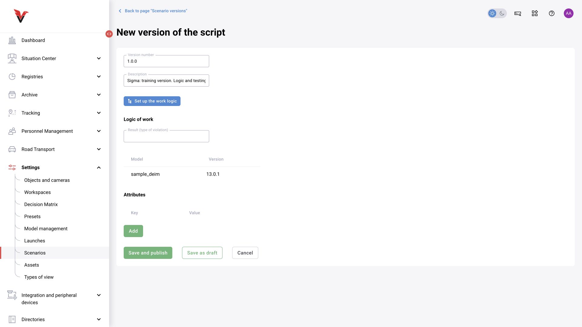 BOX 5.0 interface. Scenario version card: description, attributes, access to the editor and separate draft and publish commands.