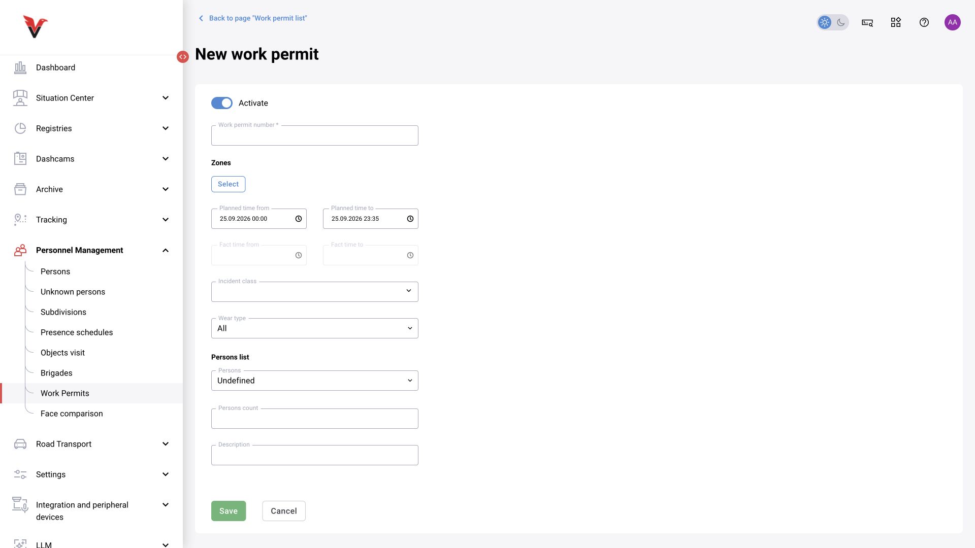 Shared module, BOX 3.2 illustration. Work permit: period, zones, personnel and work conditions.