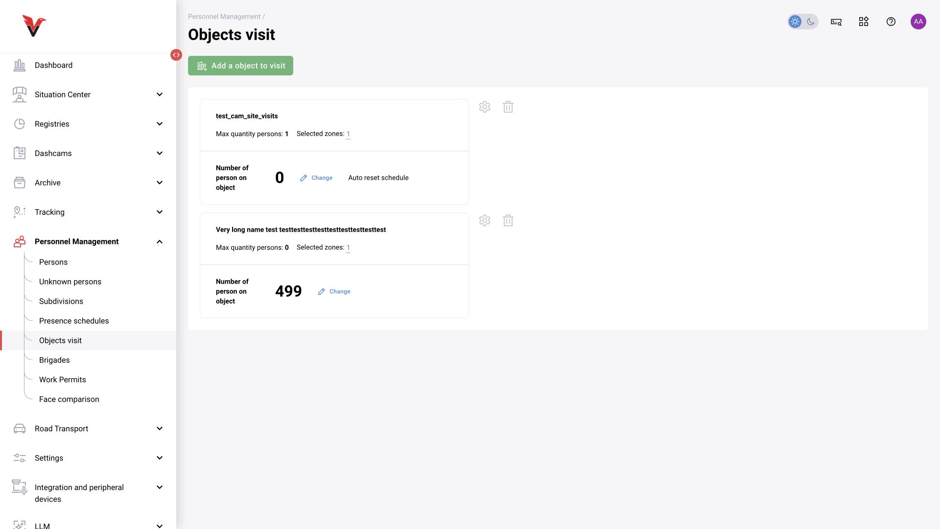 Personnel management → Visit locations: section overview.