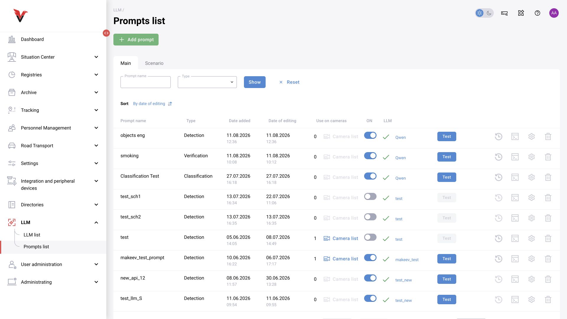 LLM → Prompt list: BOX 5.0 interface.