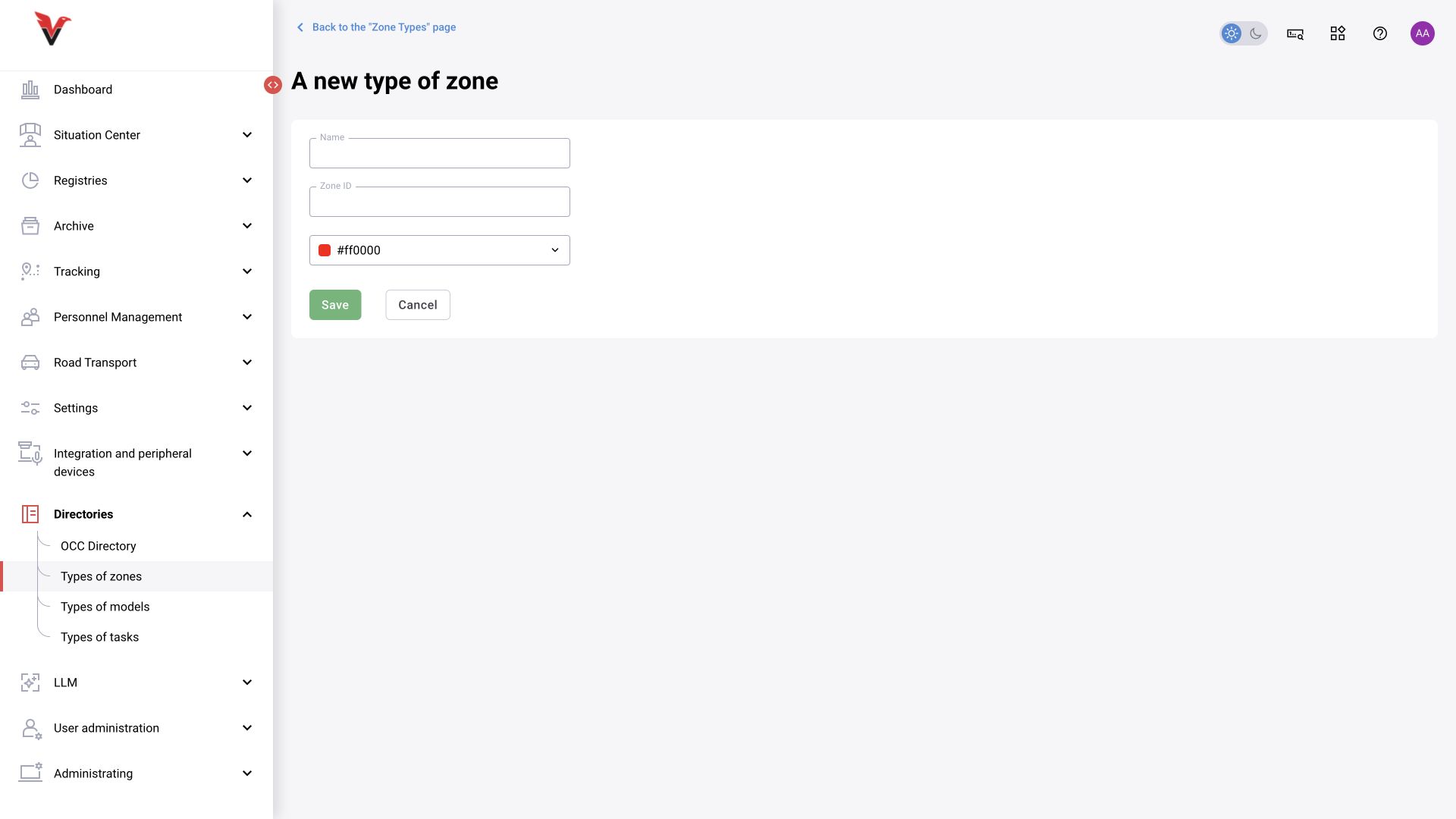 BOX 5.0 interface. Zone type: readable name, stable identifier and color