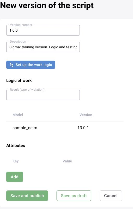 BOX 5.0: the scenario-version form separates opening the logic editor from Save as draft and Save and publish