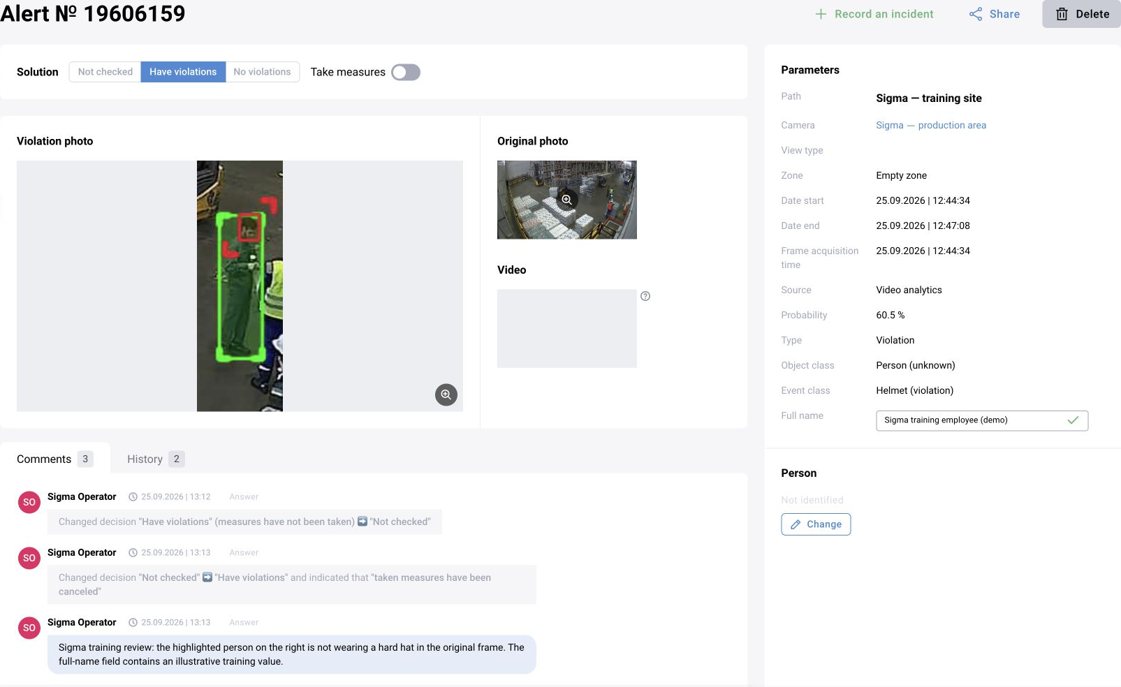 BOX 3.2: compare the detected fragment with the original frame, then review the decision, required field and comments