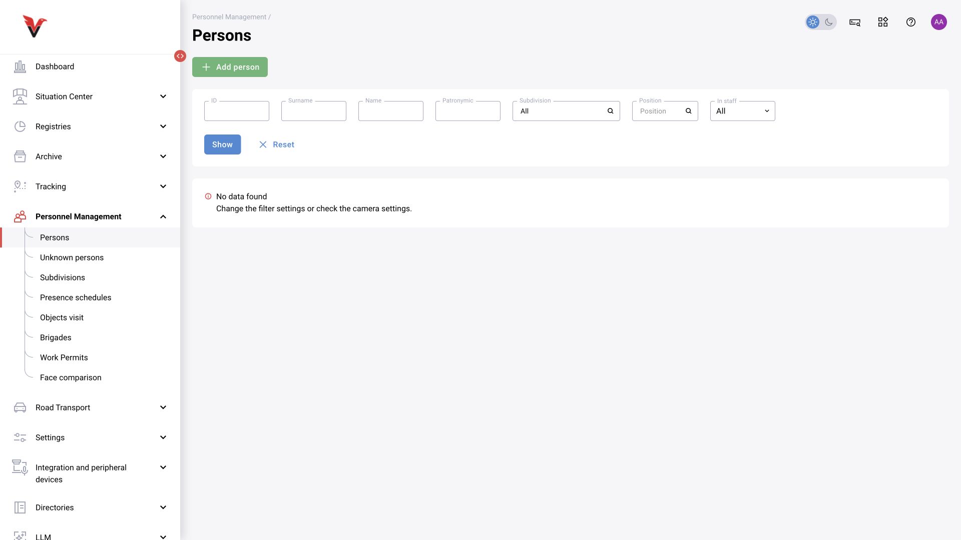 Personnel management → Persons: BOX 5.0 interface.