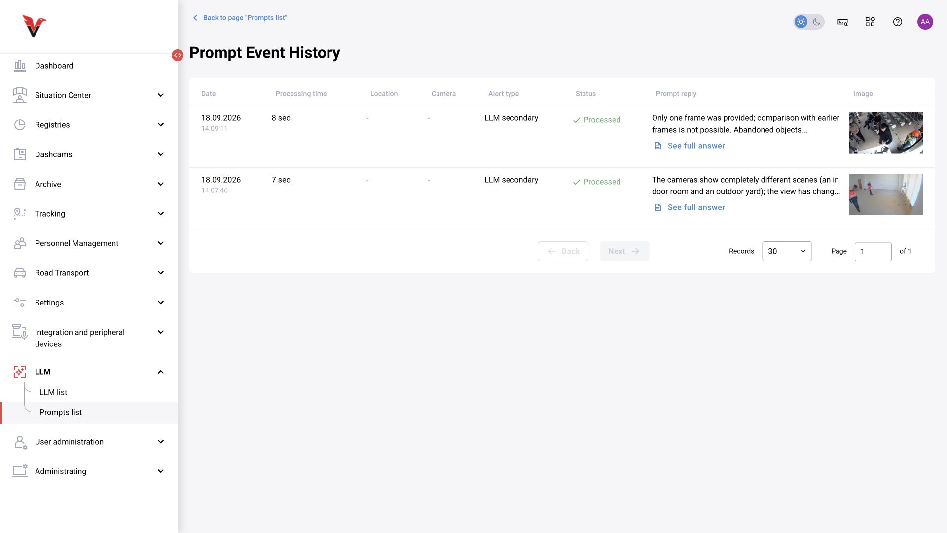Response history: processing status, duration, response, and original image.