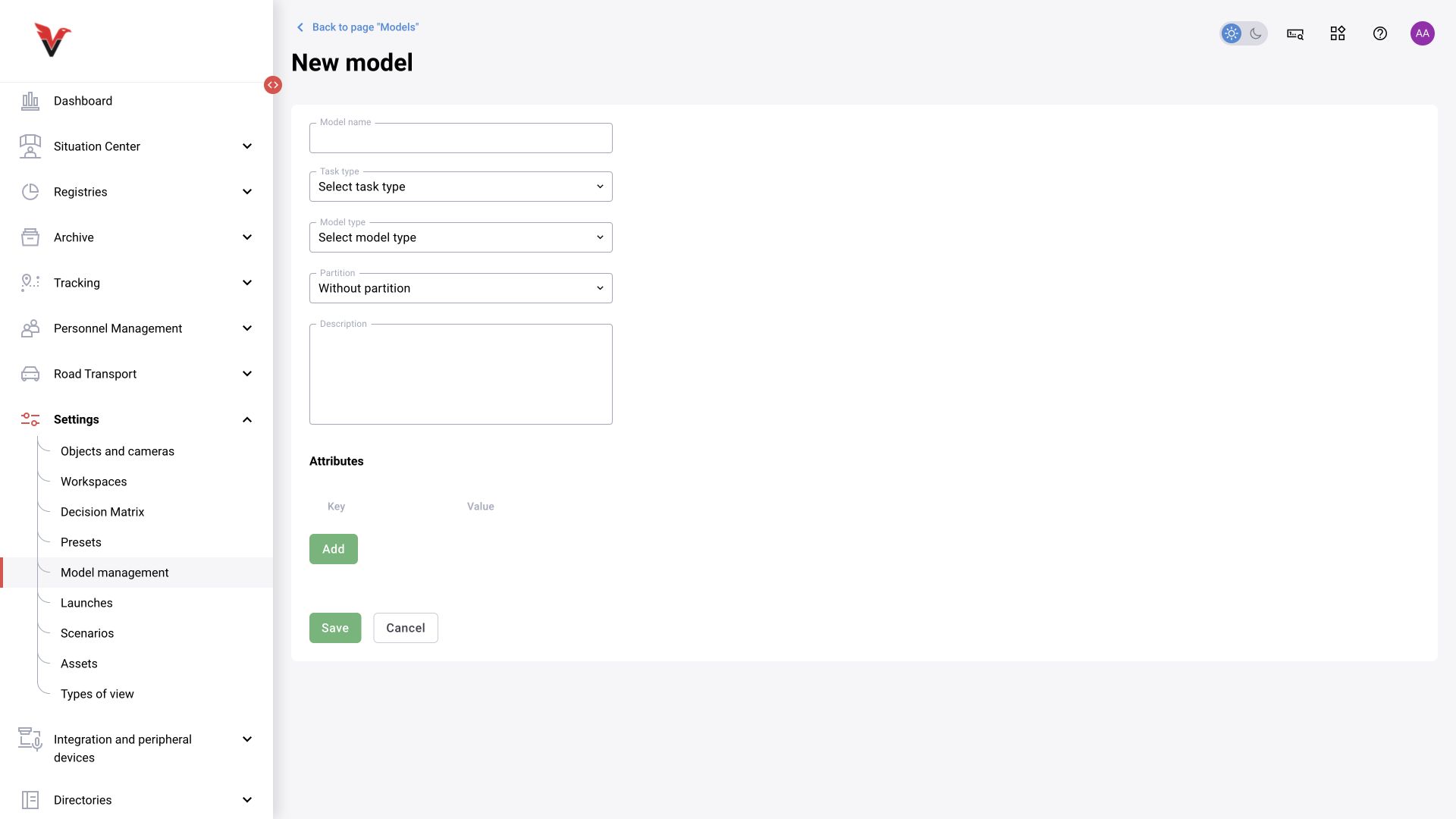 BOX 5.0 interface. New model: purpose, task type, model type, folder and attributes