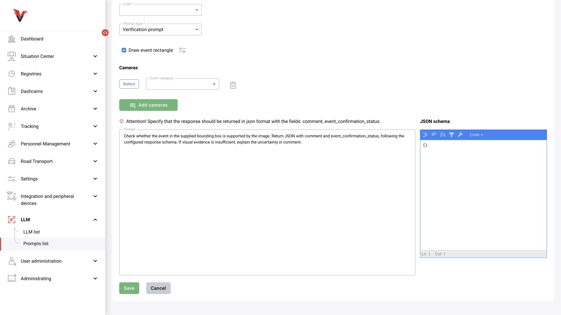 Verification training draft: event bounding box and required response fields comment and event_confirmation_status. The draft was not saved.