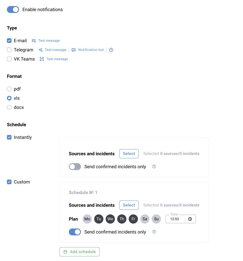 Shared profile module, illustrated in BOX 3.2: notification channel, file format, source filters and schedule