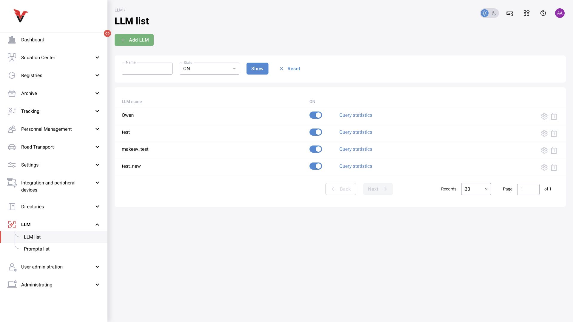 LLM → LLM list: BOX 5.0 interface.