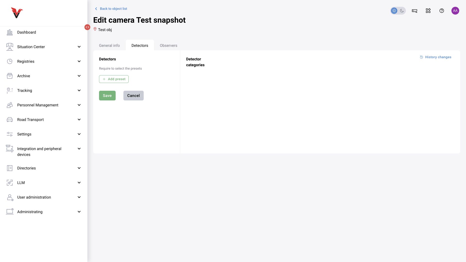 BOX 5.0 interface. In the inspected camera form, the “Detectors” tab still assigns presets