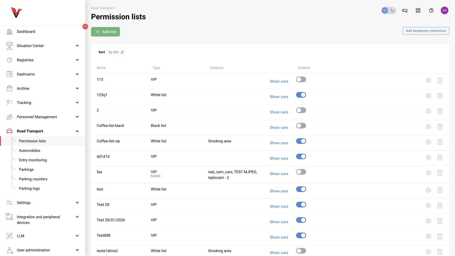 Vehicles → Lists: section overview.