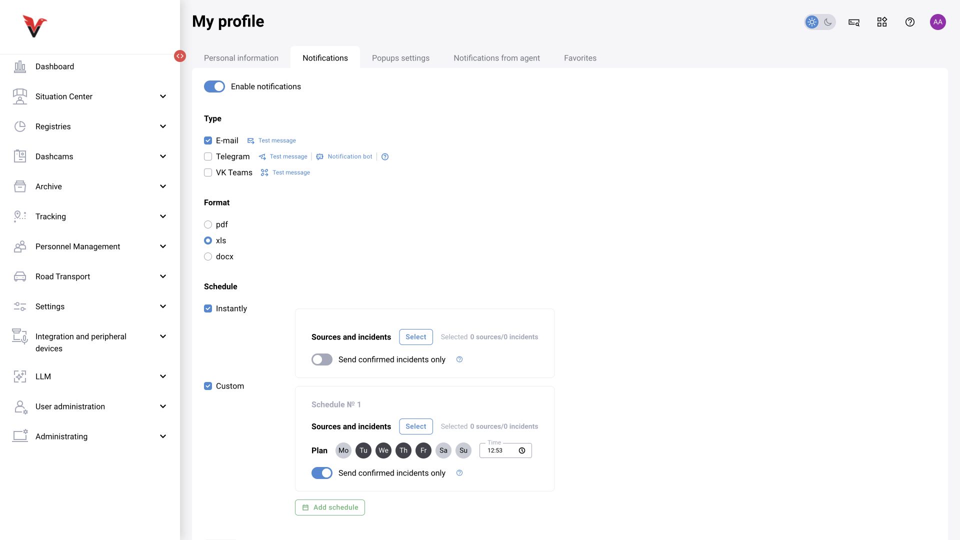 Shared module, BOX 3.2 illustration. Profile notification delivery: channels, formats, immediate sending and a custom schedule.