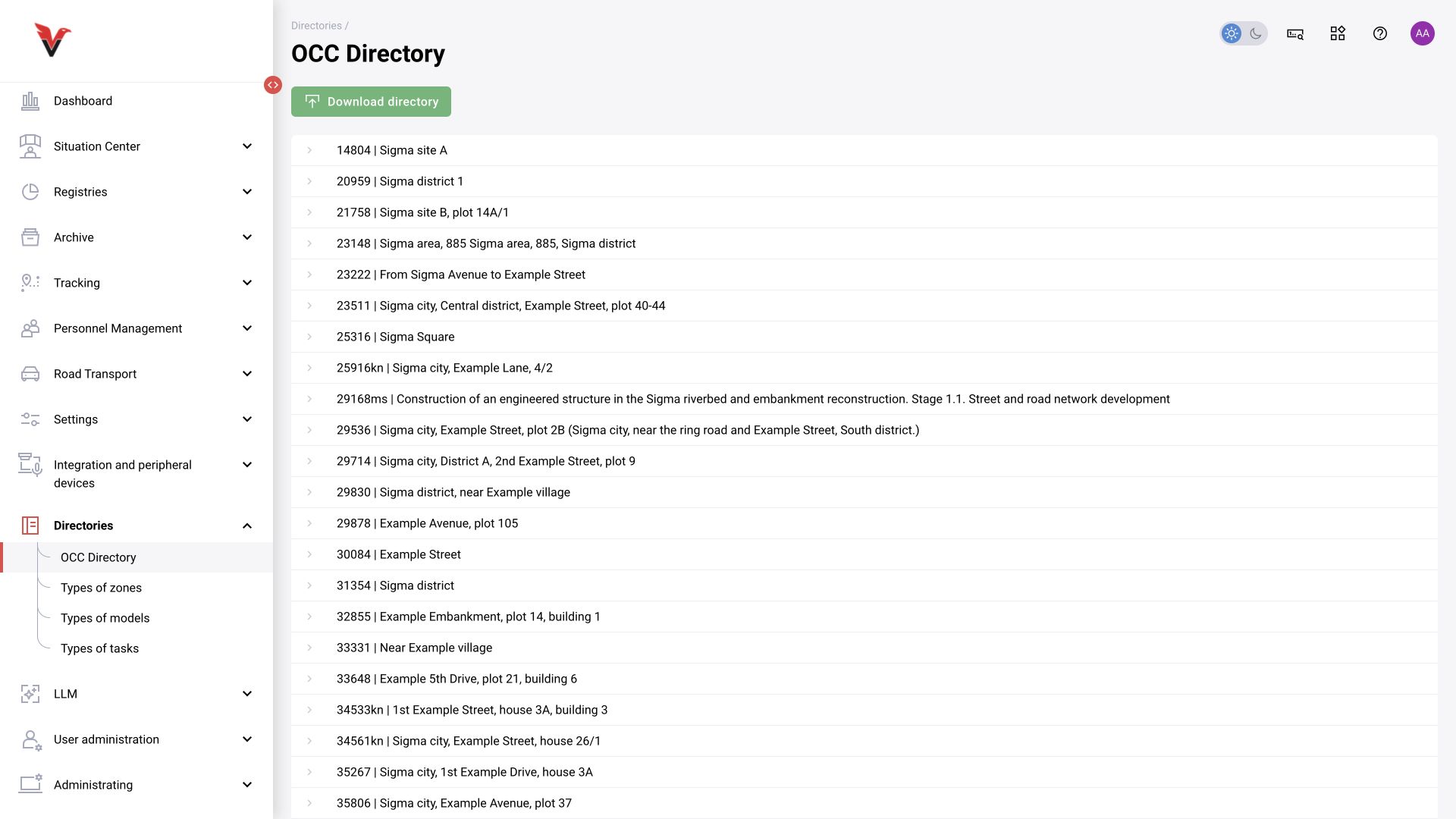 BOX 5.0 interface. Construction site directory: identifier and address tree, directory upload.