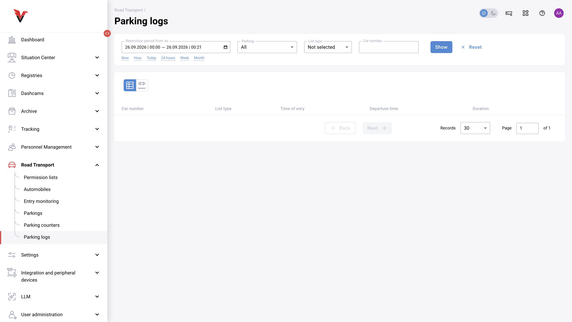 Shared module, BOX 3.2 illustration. Vehicles → Parking logs: section overview. The screenshot shows an empty result for the current parameters.