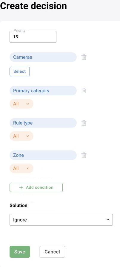 Shared decision module, illustrated in BOX 3.2: combine camera, primary category, rule type and zone conditions, then choose a decision
