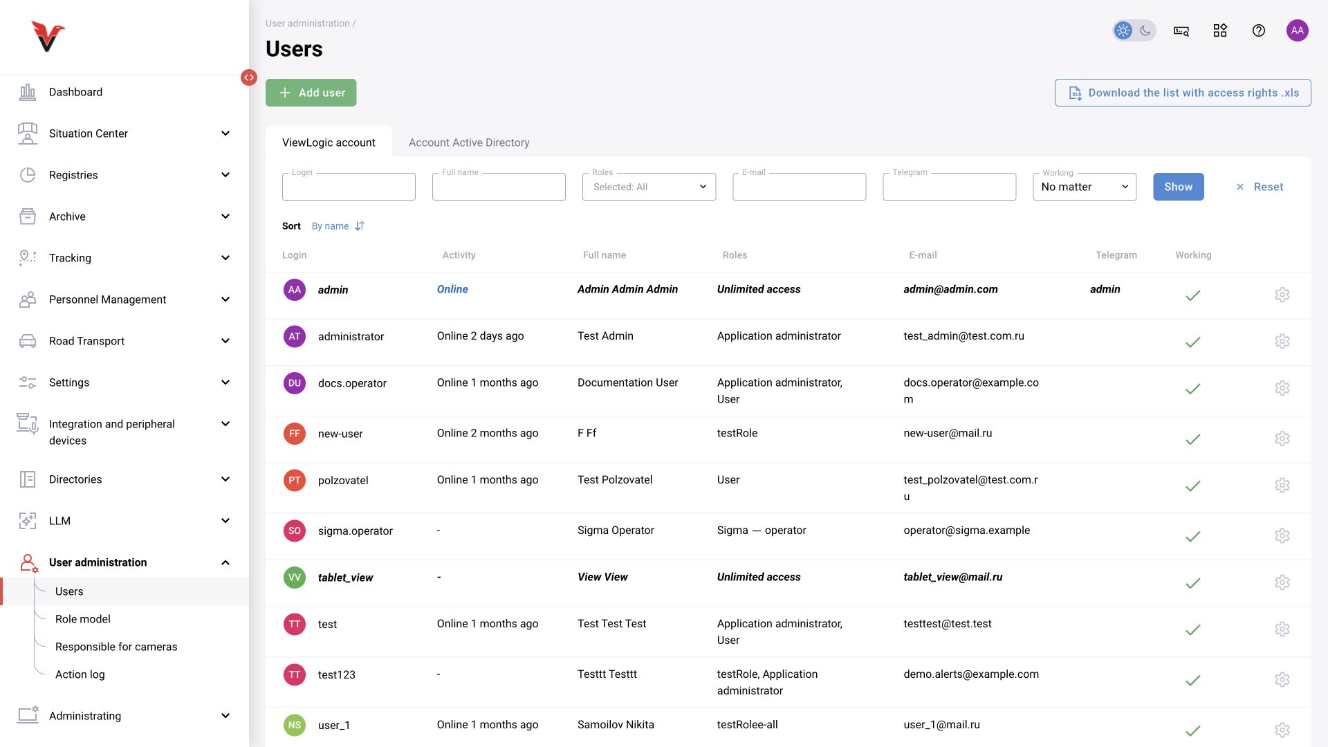 User administration → Users: BOX 5.0 interface.