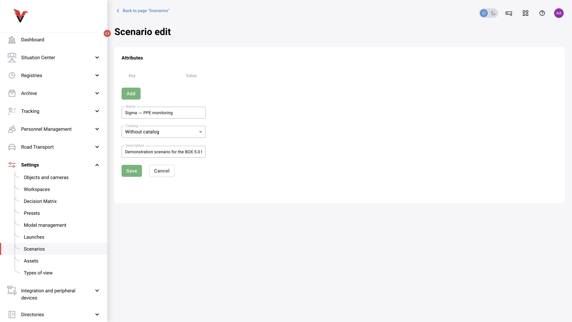 BOX 5.0 interface. Scenario card: name, folder, description and attributes