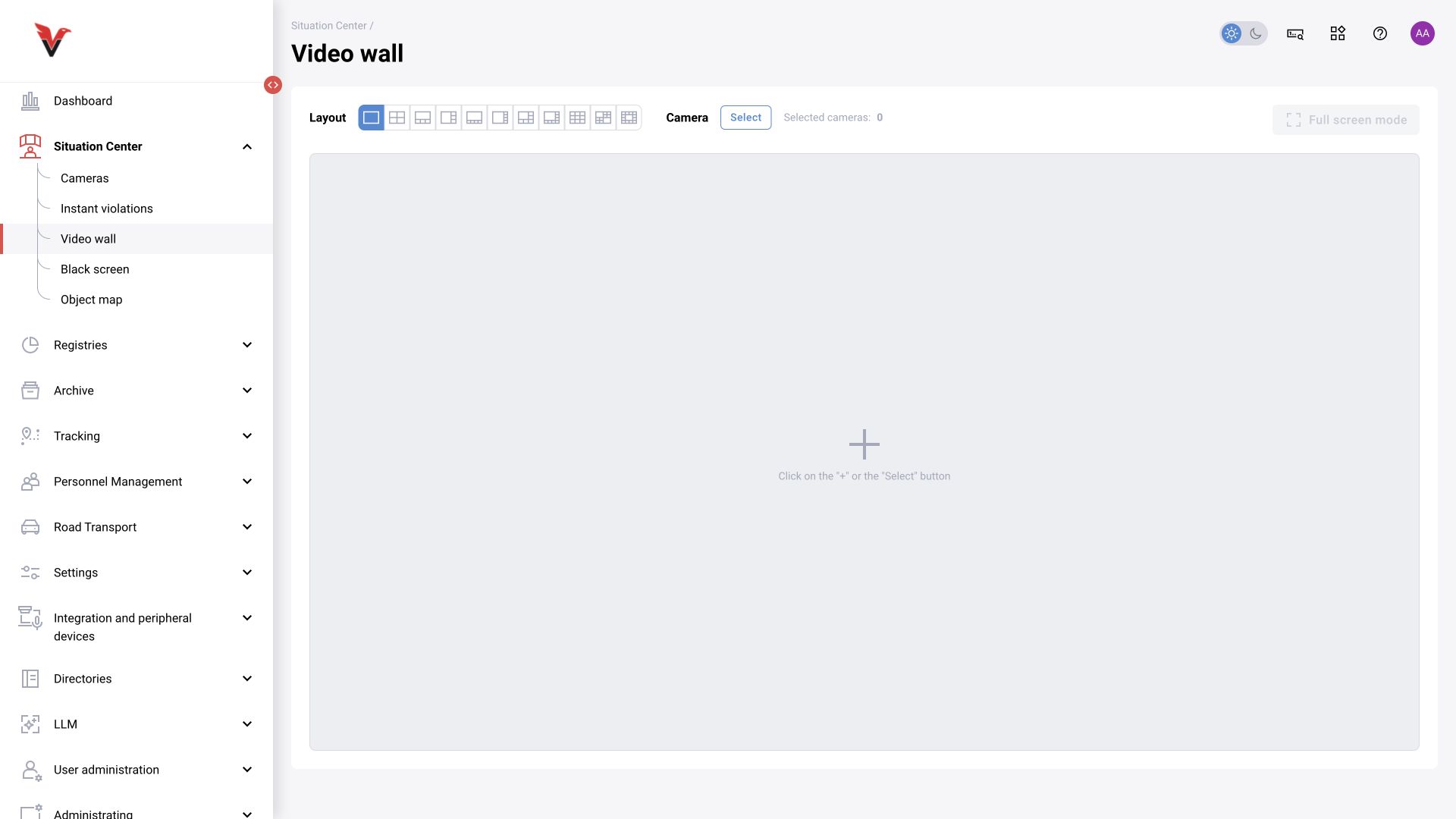 Video wall: layout controls and camera selection. No cameras are selected in this capture.