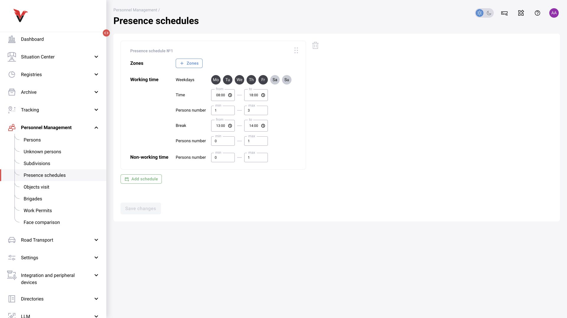 Personnel management → Presence schedules: BOX 5.0 interface.