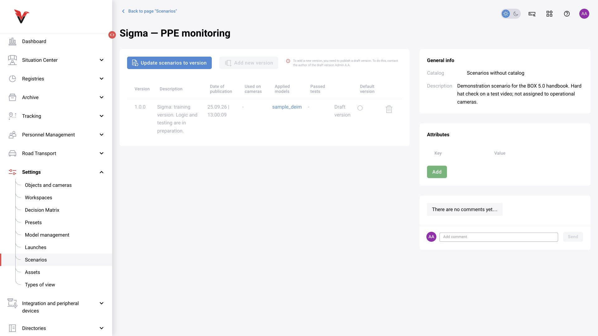 BOX 5.0 interface. Versions of the “Sigma — PPE monitoring” scenario: draft, models, tests and camera assignments.