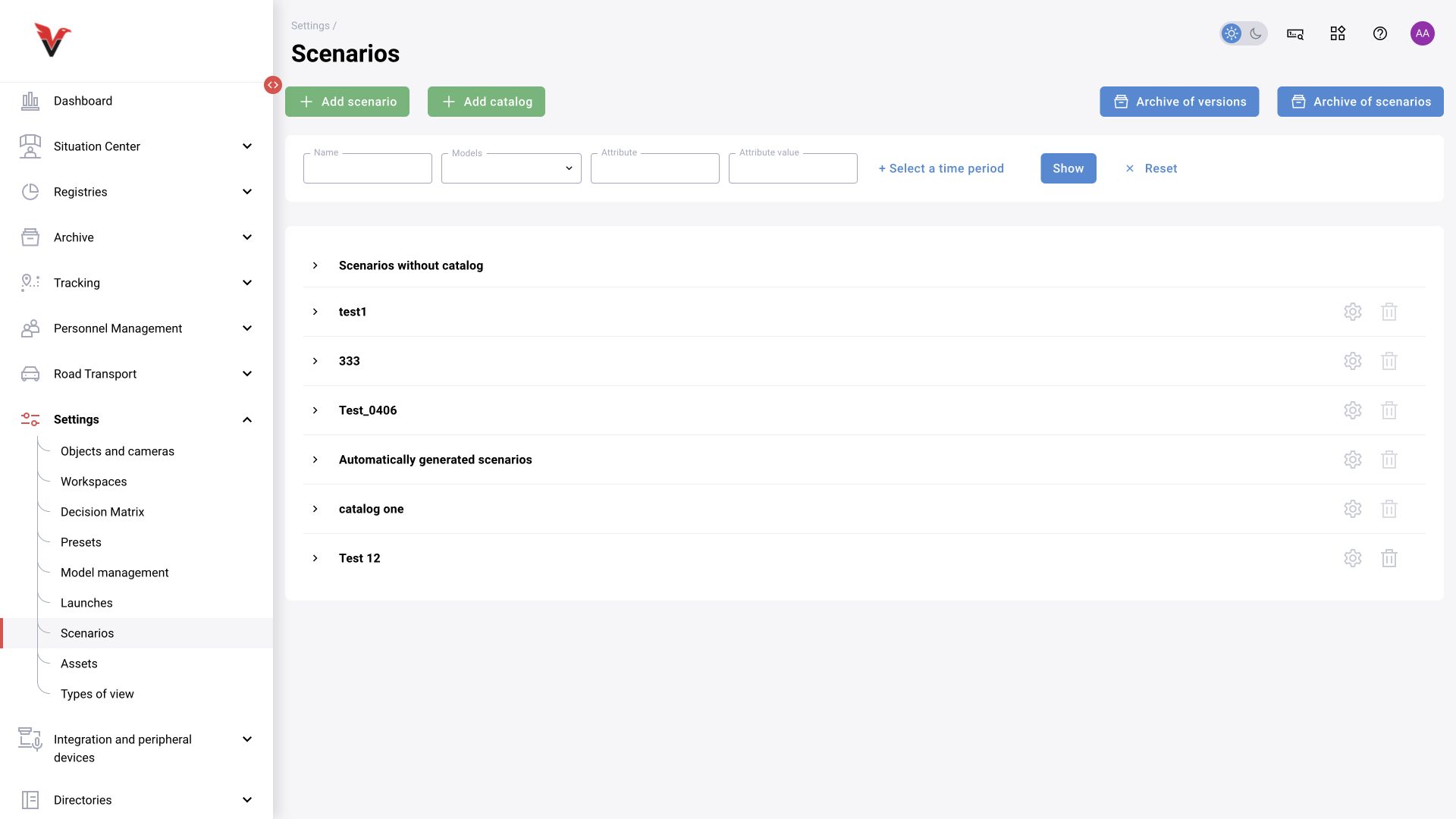 Settings → Scenarios: BOX 5.0 interface.