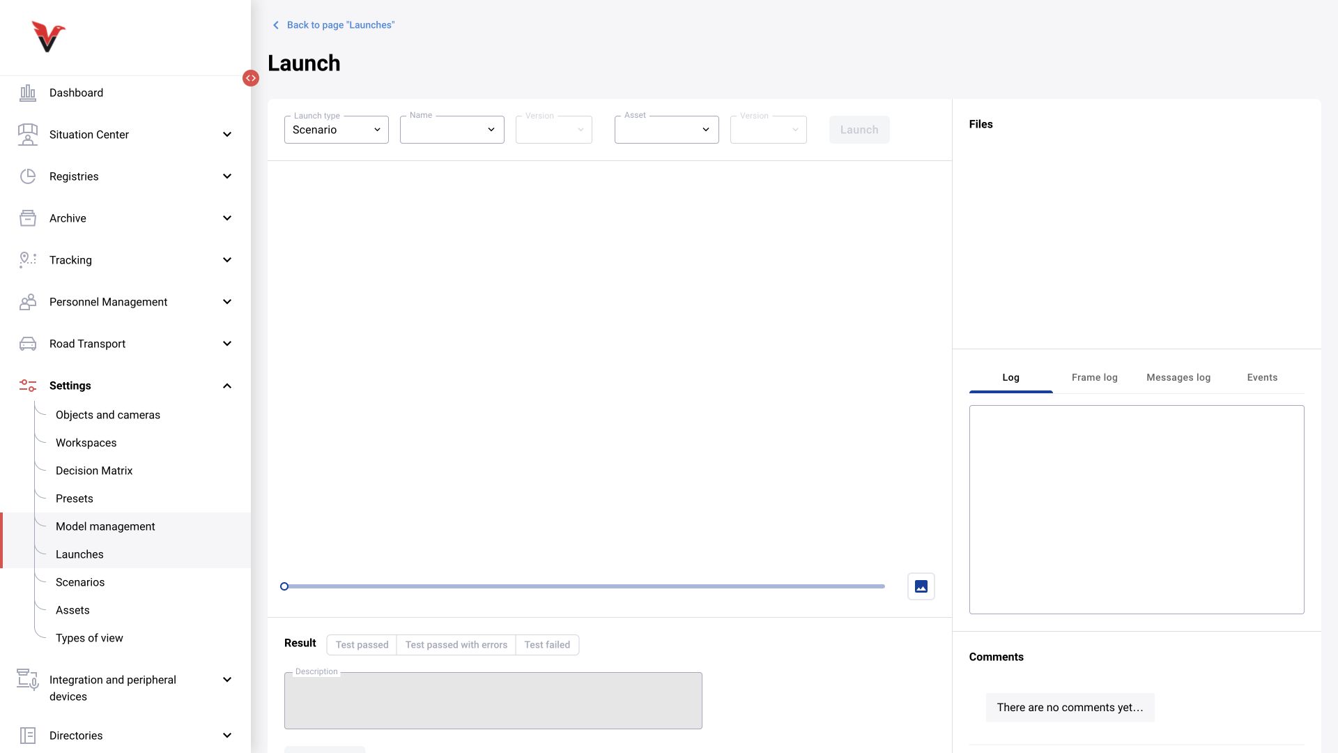 BOX 5.0 interface. Run: scenario, version, asset and recording the test result