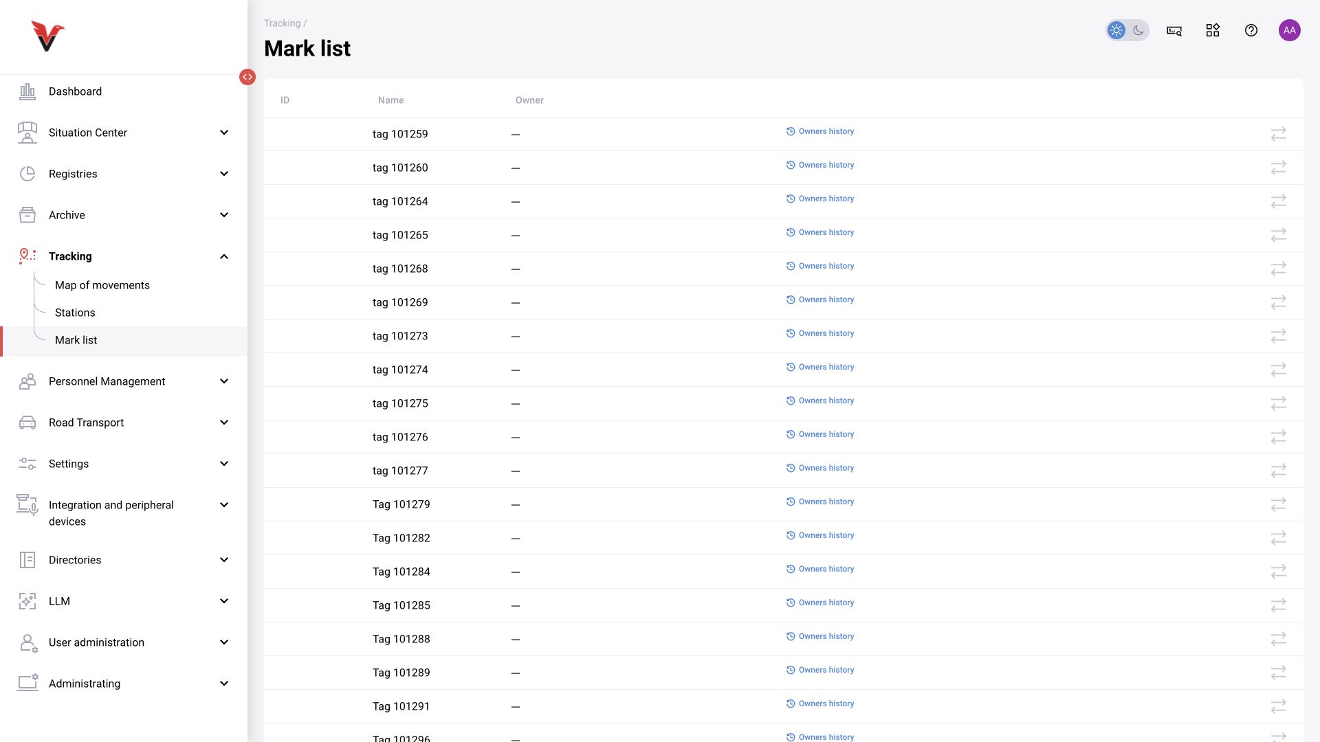 Positioning → Tag list: BOX 5.0 interface.